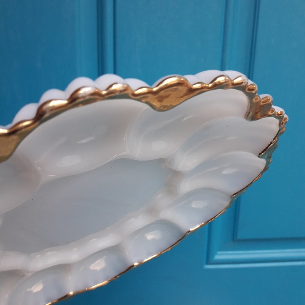 Milk Glass Bowl Egg Dish Set Gold Rimmed Vintage Fire King White Anchor Hocking - Picture 8 of 16
